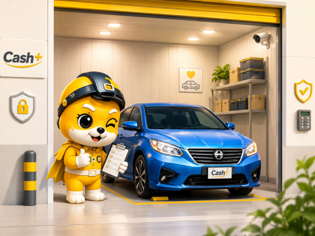 Cash+の保管スペースでお預かりした車と、車両状態を記録するCash+のキャラクター