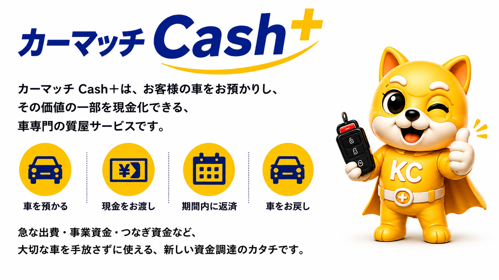 カーマッチ Cash+は、お客様の車をお預かりし、その価値の一部を現金化できる、車専門の質屋サービスです。車を預かる、現金をお渡し、期間内に返済、車をお戻し。急な出費・事業資金・つなぎ資金など、大切な車を手放さずに使える、新しい資金調達のカタチです。